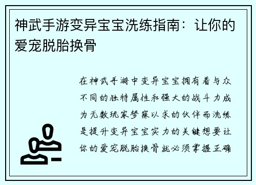神武手游变异宝宝洗练指南：让你的爱宠脱胎换骨